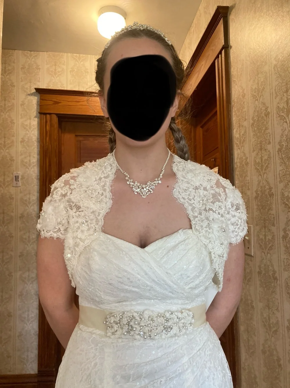 ivory lace bolero for wedding dress DreamDress By PMN Eliz Wedding Cape High Collar Couture Beaded Lace Long Sleeves